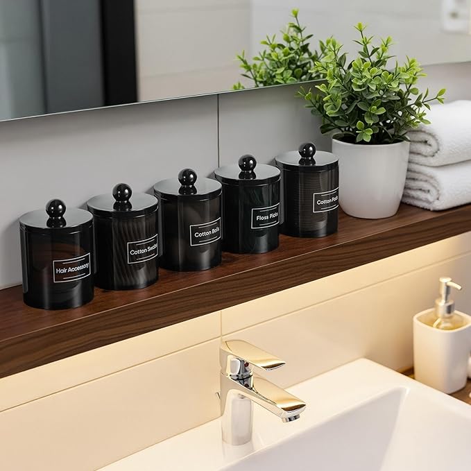 8 Pack Acrylic Qtip Holder Dispenser for Cotton Swabs, Balls, Pads, Floss Picks- Clear Plastic Canister Apothecary Jar Set, Bathroom Essentials Accessories Decor Vanity Makeup Storage Organizer -Black