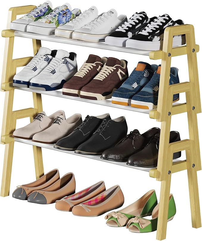 3-Tier Bamboo Shoe Rack Stackable, Shoe Organizer for Entryway and Closet, Modular Small Shoe Storage Shelf, Space-Saving Free Standing, Holds 12-16 Pairs of Shoes, Natural Color