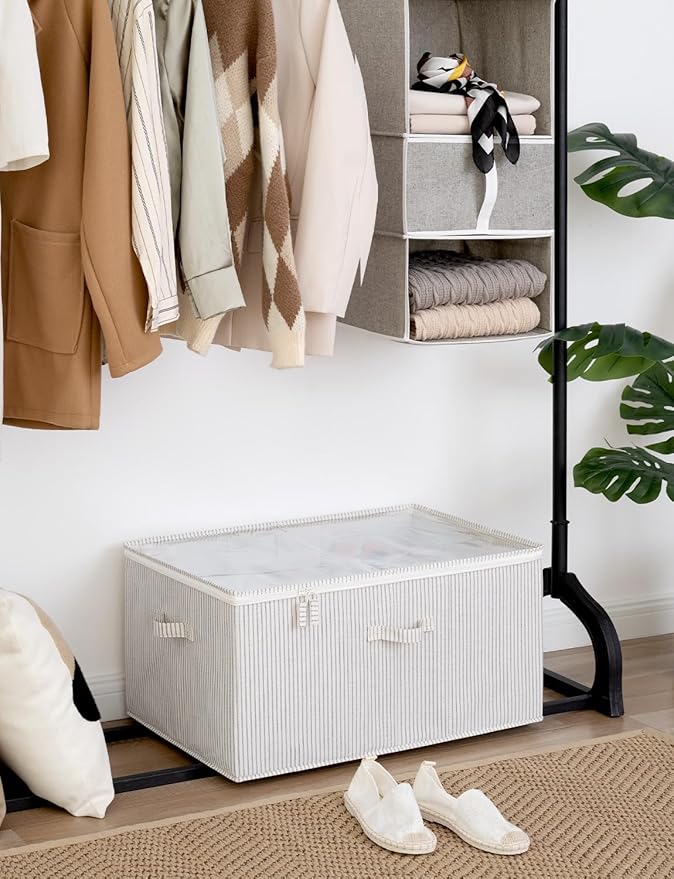 StorageWorks Shoe Organizer for Closet, Fits up to 24 Pairs, Shoe Cubby Storage Containers with Adjustable Dividers and Clear Cover, Khaki and Beige Stripes