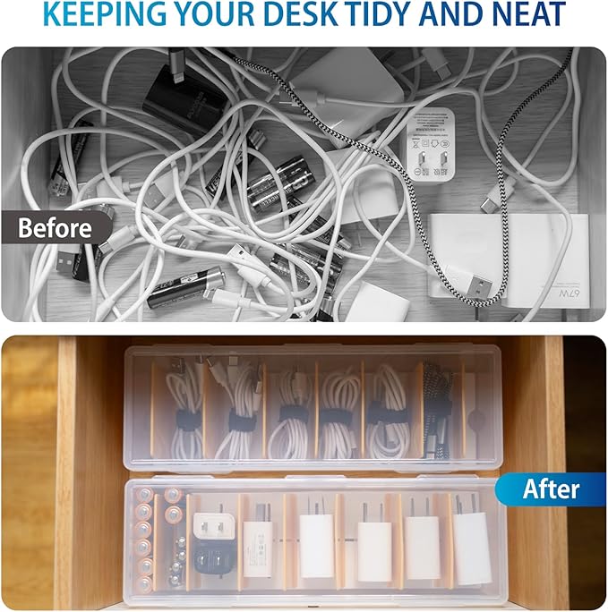 Cable Organizer Storage Box with 8 Cable Ties, Clear Phone Charger Organizer Case Wire Organizers for Cords Electronic Storage Box for Drawer Desk Office Home (1 Pack)