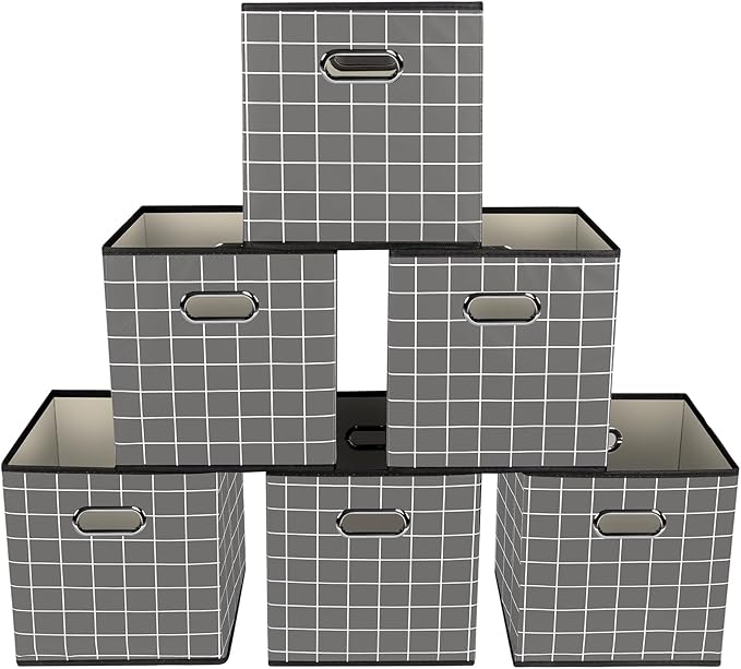 Yunkeeeper storage bins Cubes, Fabric Cube Organizer with Handle, Foldable Cube Bins for Cloth or Accessary Storage, 11x11x11, Set of 6, (Grey grid)