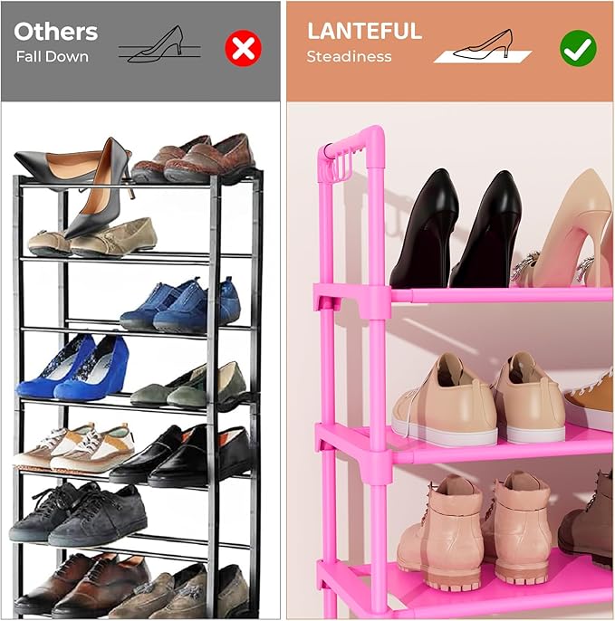 3 Tier Shoe Rack for Closet, Shoe Organizer with 5 Hooks, Pink