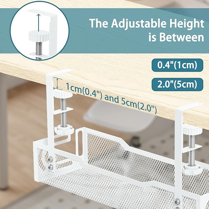 2Pack Under Desk Cable Management Tray, No Drill Mesh Desk Cable Tray, White