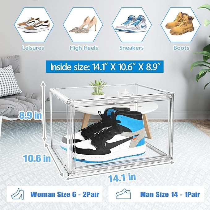 Size 14 Shoe Storage Organizer, Clear Stackable Shoe Boxes with Magnetic Door, Acrylic Sneaker Shoe Display Case, Plastic Shoe Organizer Containers for Sneakers, Fits up to Men’s Size 14, 1 Pack