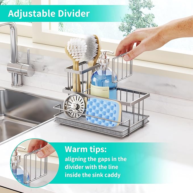 HapiRm Sink Caddy Sponge Holder - Kitchen Sink Organizer with Instant Drying Stone and Brush Holder, Stainless Steel Sponge Caddy for Kitchen Countertop - Brushed Nickel
