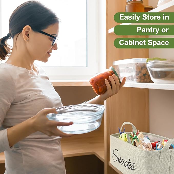 Newtay 17 Pcs Snack Basket Sets, Snack Storage Bin for Pantry Shelves with 16 Pcs 2 Inch Chip Clips, Basket Organizer for Kitchen, Chips, Popcorn, Candy, Pretzels (Cream-colored,Burlap)