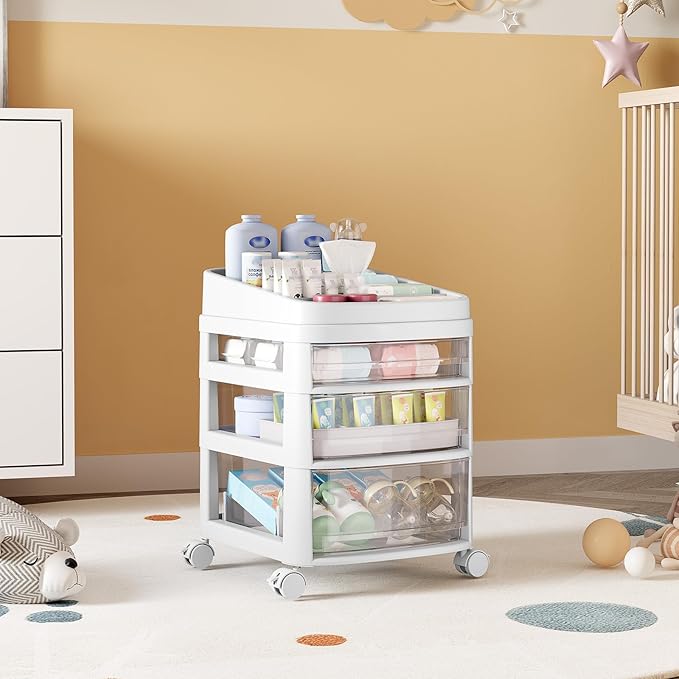 Rolling Cart with 3 Drawers, Clear Plastic Drawer Organizers, Dust Proof Under Desk Storage for Makeup, Skincare, Art Crafts and Baby Items, Acrylic Cosmetic Organizer with Dividers, Vanity Cart