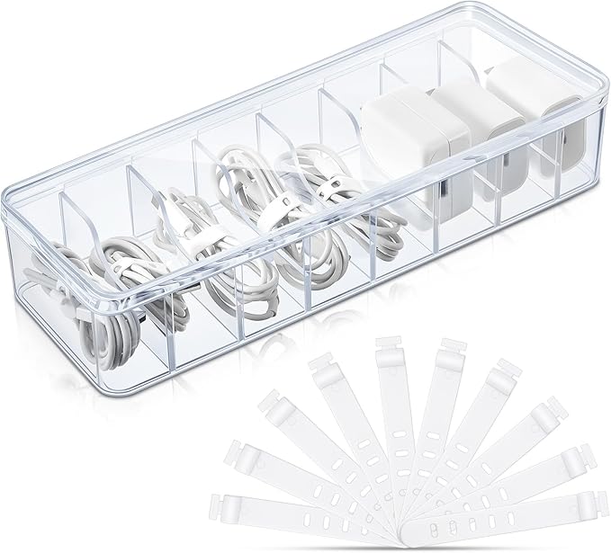 Tatuo 1 Pcs Cable Organizer Box with Wire Ties, Plastic Cord Storage Box with Lid, Electronics Organizer for Home Office Desk Organizers and Accessories (Clear)
