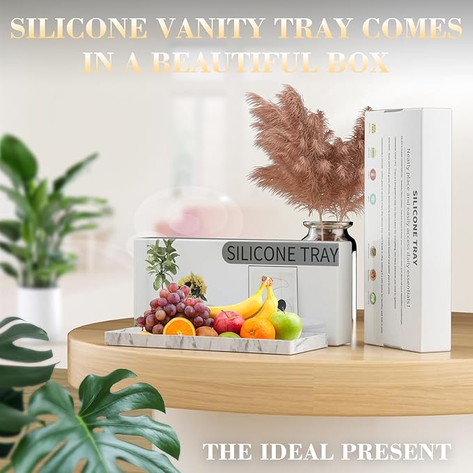 BBK Bathroom Vanity Tray - 2 Pack (7.8" and 11.8") Silicone Bathroom Trays for Counter, Perfume Key Trinket Ring Tray, Decor Soap Dispenser Countertop Tray for Kitchen Sink Organization (Marble Gray)