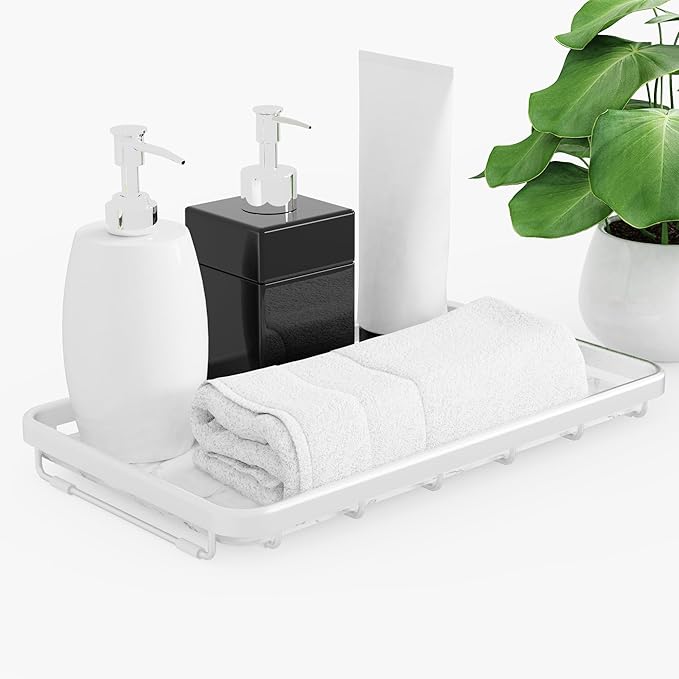 Counter Organizer for Bathroom, Kitchen or Coffee Bar, Metal Shelf with Faux Marble, Vanity Countertop Makeup Storage, Dresser Perfume Display Rack, Toilet Tank Tray (Matte Silver, 1-tier)