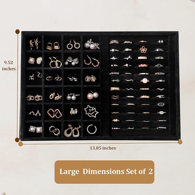 Large Velvet Jewelry Tray 2 Pack Stackable Jewelry Display Drawer Inserts Trays Organizer for Earring Bracelet Necklace Ring (Black, Ring and 24 Grids)