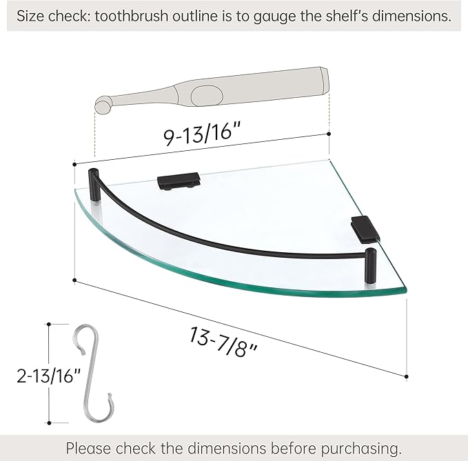 KES Bathroom Glass Corner Shelf Tempered Glass Shelf with Rail Wall Mount Corner Shelf SUS 304 Stainless Steel Matte Black 2 Pack, BGS2101A-BK-P2