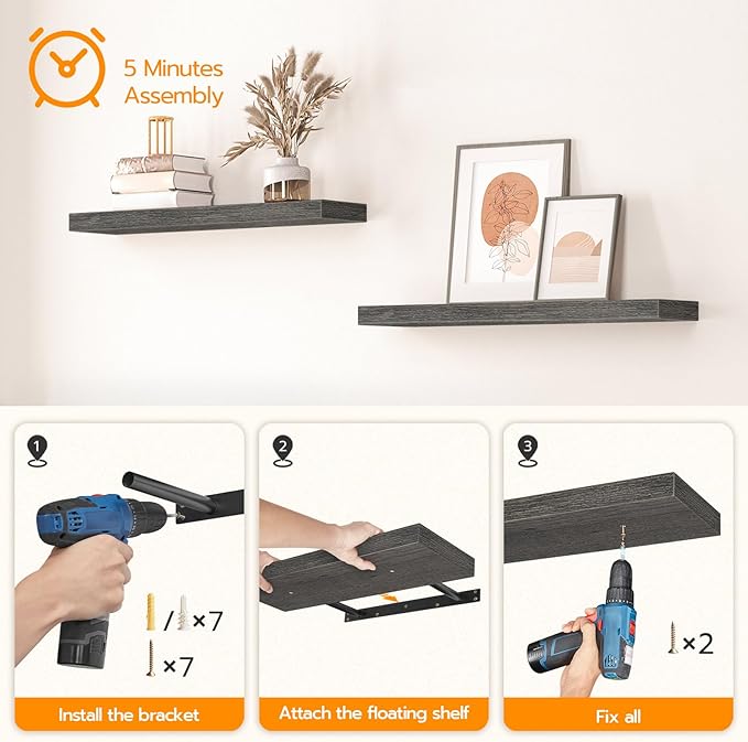Floating Shelves for Wall, Wall Mounted Shelf Set of 2, Charcoal Gray BC60BJ01