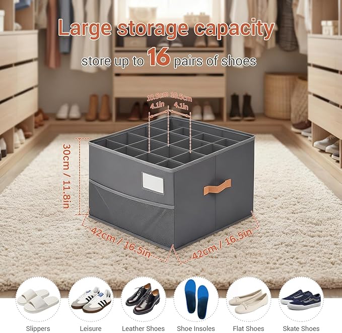 Shoe Organizer for Closet, Foldable Shoe Storage Organizer Containers with Clear Cover, Space Saving Shoes Holder with Handles, Gray (1, Large)
