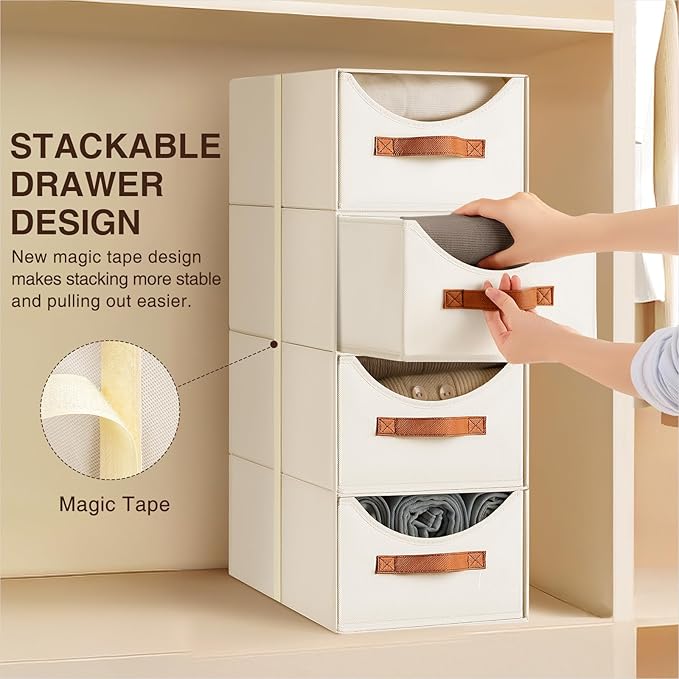 Homsorout Stackable Storage Drawers - Collapsible Storage Bins with Drawers, 6 Pack Closet Shelf Organizer Basket, Fabric Pull Out Organizer for Bedroom, Living Room, Dorm, Beige