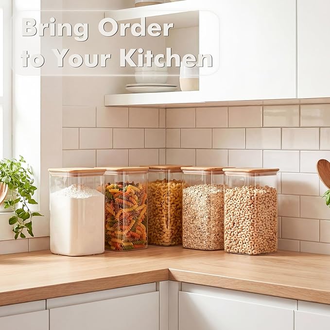 2-Pack 4.6Qt Large Glass Flour Sugar Storage Containers with Bamboo Lids, Wide-Mouth Food Jars with Measuring Cups for Baking, Gallon Glass Storage Pantry Jars for Sugar, Flour, Rice, Oats