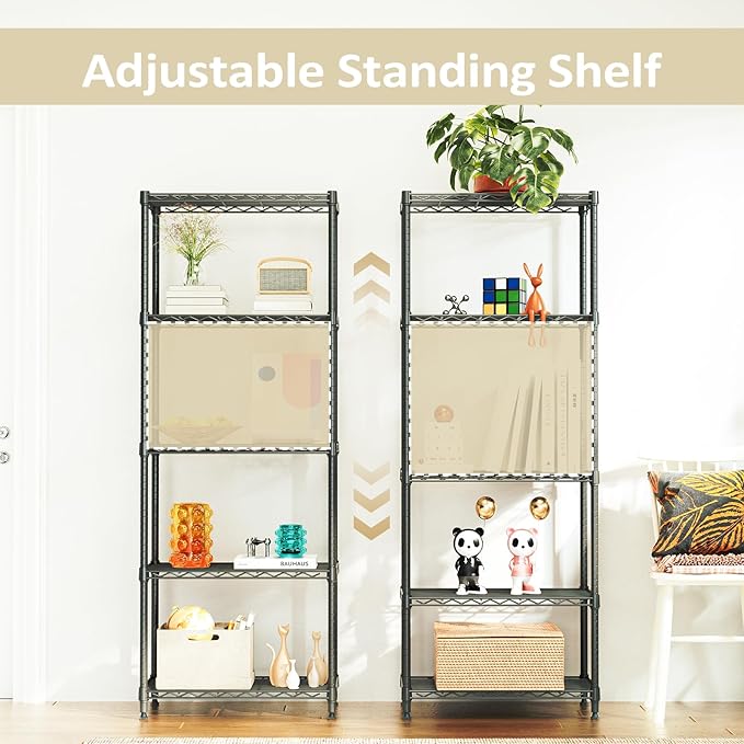IZEUK 5-Shelf Adjustable Steel Wire Storage Shelving Unit, 13.7" D x 23.6" W x 63" H, 1250 lbs, Black, Heavy Duty Metal Storage Rack for Home & Garage Shelving Organizer