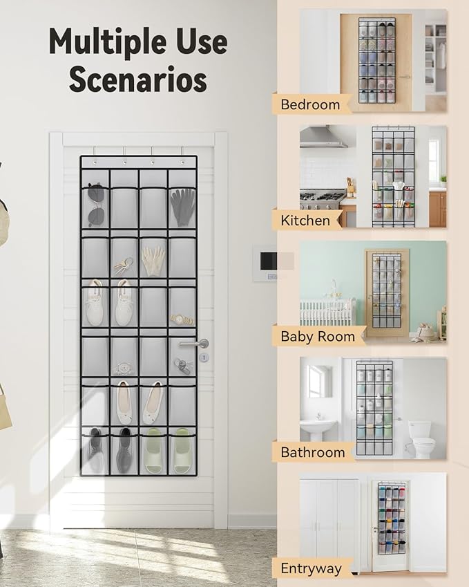 dodowin Over the Door Shoe Organizers, 2 Pack (1 Black & 1 Grey), Each with 24 Deep Mesh Pockets, Over The Door Shoe Rack, Space Saving Hanging Storage Holder for Closets, Shoes & Accessories