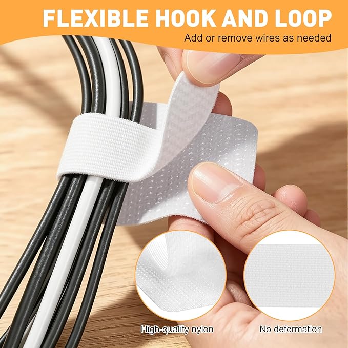 100pcs Hook and Loop Cable Straps,Under Desk Cable Management,Adjustable Cord Organizer for Desk Home Office Organization (White)
