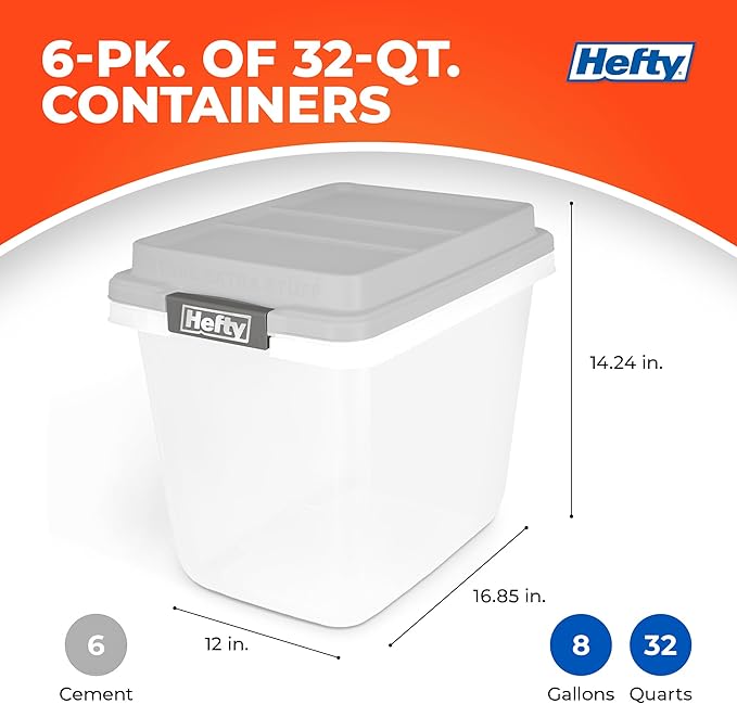 Hefty 32 Qt Hi-Rise Storage Bin with Lid, Stackable Plastic Storage Container, Organizer for Home, Garage & Closet, 6 Pack, Gray