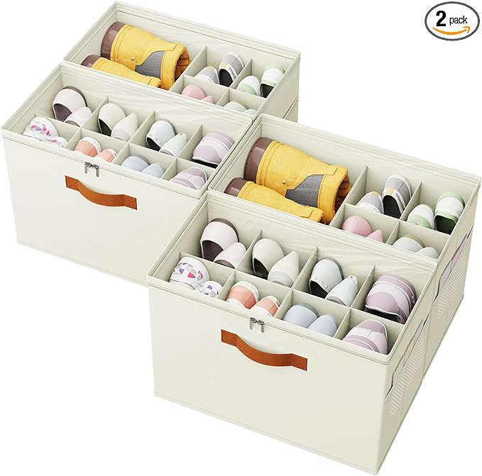 4-Pack Shoe Organizer for Closet, Foldable Shoe Storage Box with Adjustable Dividers & Clear Cover, Fits 32 Pairs, Beige, Durable and Space-Saving