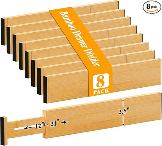 Bamboo Drawer Dividers, 12-21" Adjustable Drawer Organizers for Clothes, 8-Pack