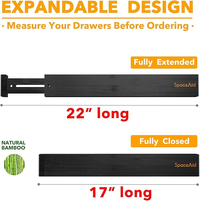 4 Pack Bamboo Drawer Dividers with Labels, 17-22 in, Black