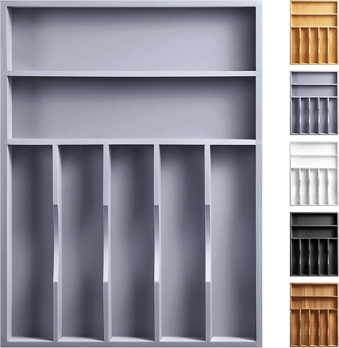 Kitchen Bamboo Silverware Organizer, Kitchen Drawer Organizer, Grey