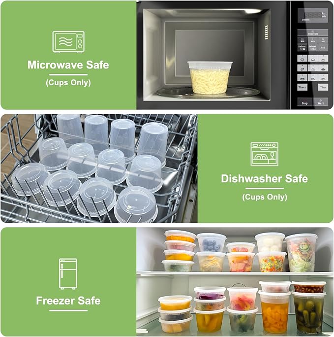 Dipoo 60 Sets (120-Piece) Deli Containers with Lids, 32/16/8 oz X 20 Set Each, Leak-Proof & BPA Free Airtight Takeout Plastic Food Storage Containers for Soup, Freezer/Microwave/Dishwasher Safe