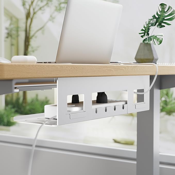 Under Desk Cable Management Tray, 15.7 Inches Metal Cord Organizer Rack, White