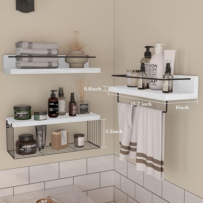 PopiShelves Bathroom Shelves Over Toilet for Wall, Floating Shelves with Storage Basket Paper Holer for Kitchen Living Room, Bedroom & Classroom, Set of 3 (White and Black)