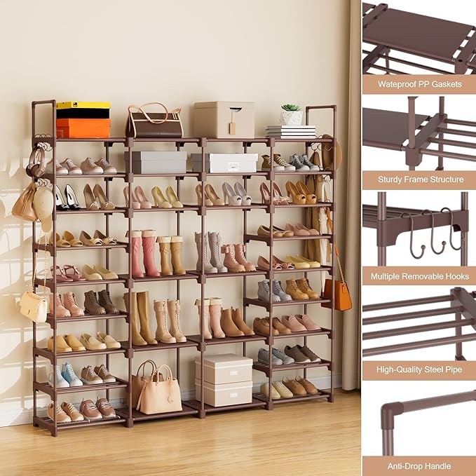 ROJASOP Large Shoe Rack Organizer for Entryway Closet 64-68 Pairs 9-Tier Heavy Duty Tall Garage Shoe Rack Shoe Shelf Shoes Storage with 18 Pcs Removable Side Hooks for Bedroom and Garage Brown
