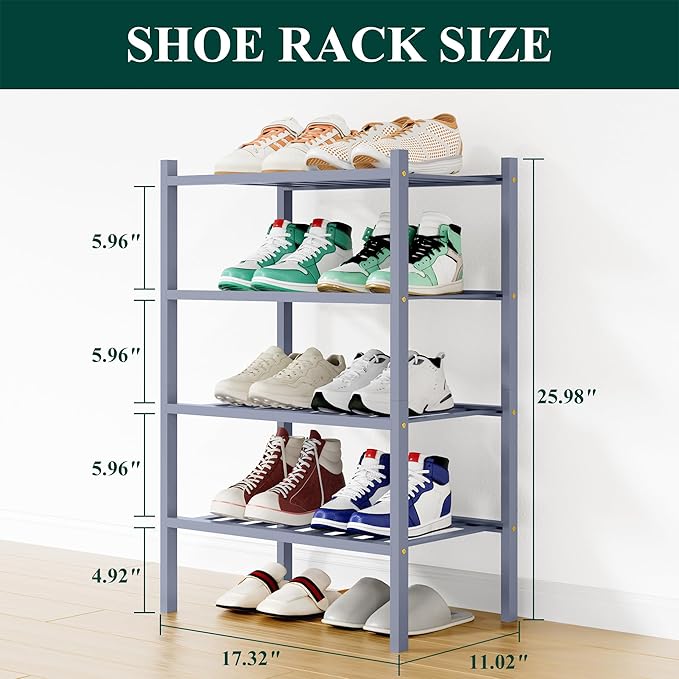 Smiry Small Bamboo Shoe Rack, 4 Tier Free Standing Wooden Shoe Organizer, Stackable Wood Shoe Storage Shelf for Closet, Entryway, 12 Vertical Slats, 2+2 Stack Standard Legs, 17.3"x11"x26", Grey