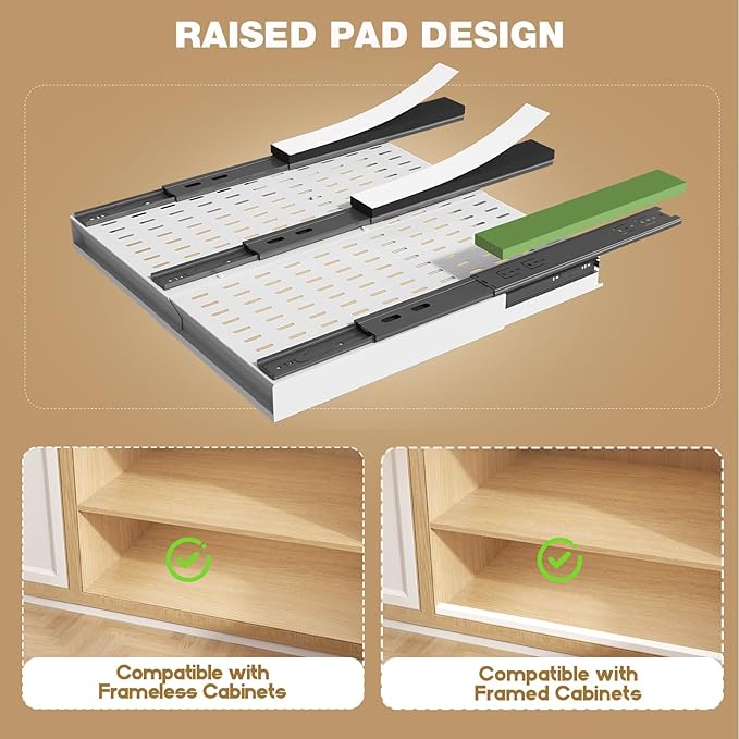 Seinloes Pull Out Cabinet Organizer, 4-Side Expandable to Fit Most Cabinets, 3 Rail Slide Out Drawers with Raising Pad for Framed & Frameless Cabinets, 13"-21" W x 17"-24" D, White, 4 Pack