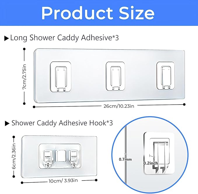 Shower Caddy Adhesive Replacement Hooks, Heavy Duty Waterproof Strips, No Drilling for Bathroom Shelves, Kitchen Racks, and Soap Holders (Transparent-6 Pack 1&3 Hook)