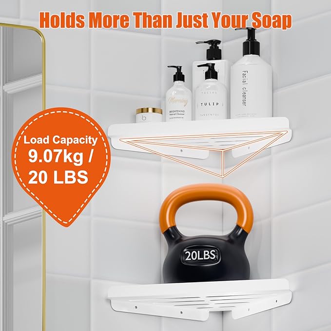 Fikoksol Shower Caddy, 2 Pack Bathroom Corner Shelf, Triangle Shelf Storage for Bathroom Shower, White Metal Shower Shelf & Rustproof Wall Mounted Adheisve Shower Organizer Accessories and Essentials