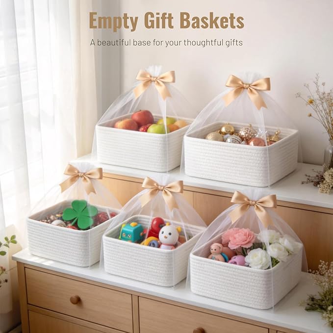 5 Pack White Small Woven Storage Baskets for Shelves, Cotton Rope Baskets Organizer for Bathroom, Closet & Nursery, Decorative Storage Bins for Organizing Socks, Toys, 11.8"x7.9"x4.7"
