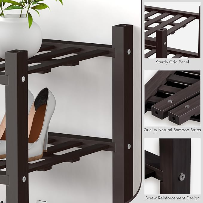 Haddockway Small 3 Tier Bamboo Shoe Rack Storage Organizer, Multifunctional Free Standing Stackable Shoe Shelf with Grid Panel for Closet,Hallway,Entryway,Small Space 18"x11"x17"