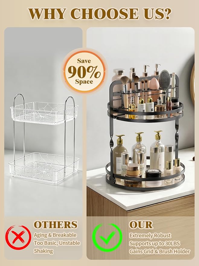 Rotating Makeup Vanity Organizer, 360 Spinning Perfume Organizer for Dresser, 2-Tier Black Bathroom Countertop Organizer, Lazy Susan Skincare Storage, Cosmetic Display with Makeup Brush Holder