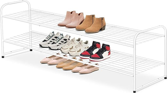 AOODA Long 2 Tier Shoe Rack for Closet Metal Wide Stackable Shoe Storage Organizer for Entryway, Bedroom, Floor, 18-Pairs Low Sneaker Shelf, White