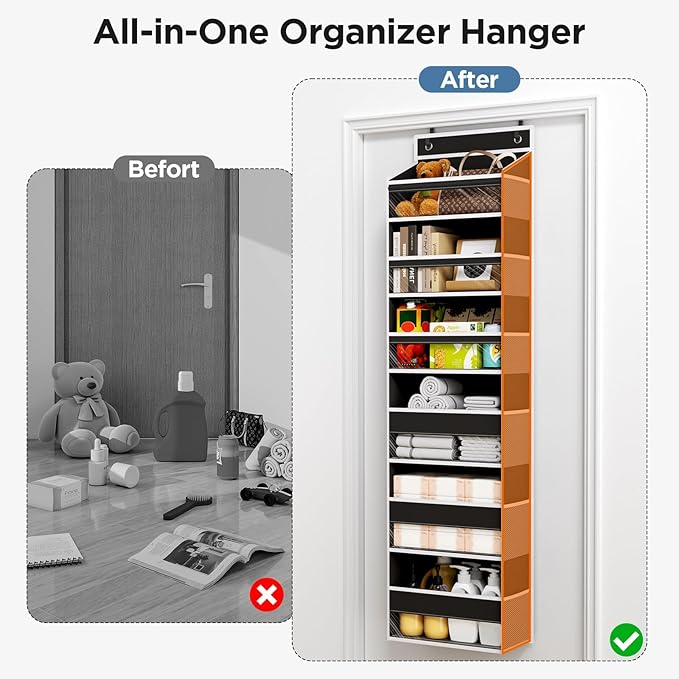 Mefirt 6 Tiers Over The Door Organizer, Heavy Duty Hanging Organizer Storage with Large Capacity Pockets, Behind Door Storage Hanging Shelves for Closet Wall Bathroom Bedroom Nursery Pantry, 1 Black