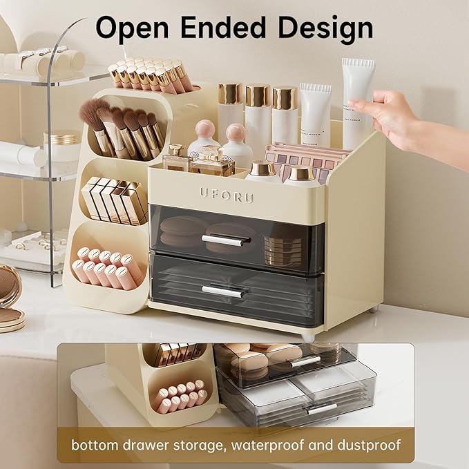 UFORU Makeup Organizer for Vanity with Brush Holder, Large Capacity Bathroom Countertop Skincare Organizer with 2 Drawers, Cosmetic Display Case for Perfumes, Eyeshadow Palettes, Nail Polishes