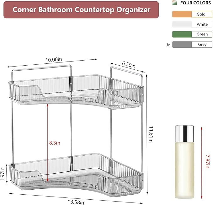 2 Tier Corner Bathroom Counter Organizer Bathroom Countertop Shelf Makeup Organizer for Vanity Perfume Tray for Corner Storage (Grey)