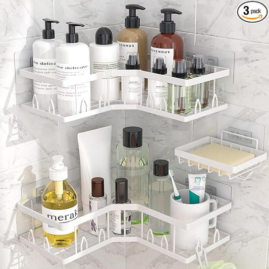Shower Shelf Corner, Adhesive Shower Caddy Rustproof, Shower Shelves Corner with Soap Holder, No Drilling Shower Corner Organizer for Dorm, Renters Bathroom, White, 3 Pack