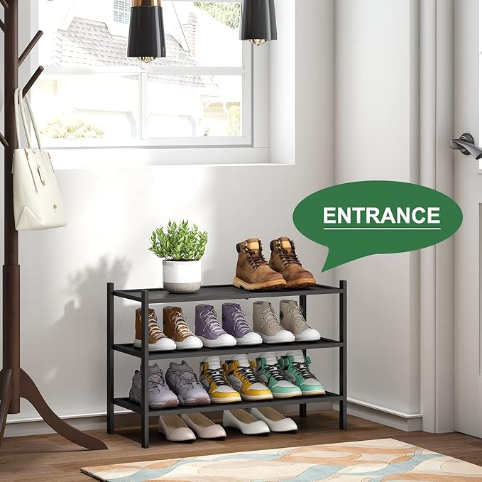 kiplant 3-Tier Black Bamboo Shoe Rack for Entryway, Stackable | Foldable | Natural, Shoe Organizer for Hallway Closet, Free Standing Shoe Racks for Indoor Outdoor