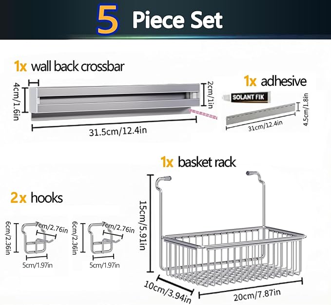 Premium Shower Caddy,Adhesive Wall Organizer Storage Basket ,Wall Mounted Shelves Shower Caddy Modern Home Style for Home Kitchen Bathroom, Storage Rack with Removable Basket & Hooks,Machine Washable