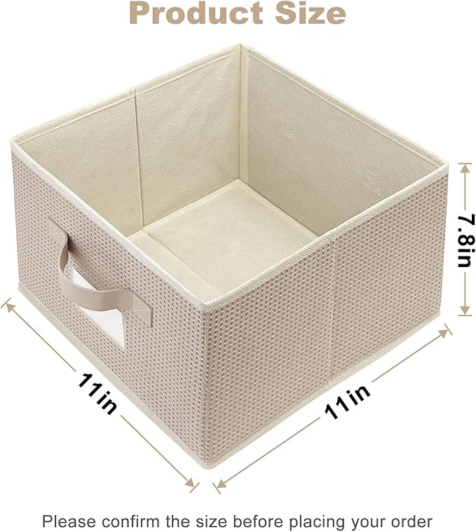 11 Inch Storage Cubes for Organizing, Sturdy Textured Fabric Storage Baskets with Leather Handles & Label Slot, Foldable Closet Shelf Organizer Bins for Clothes, Nursery & Bedroom (4, Beige)