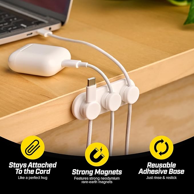 Wrap-It Storage MagnaDock Magnetic Cable Holder - 2-Pack (White) - Adhesive Cable Clips Cord Organizer Desktop Cord Holder for Nightstand Desk Cable Management
