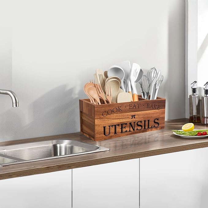 Suli Acacia Wood Utensil Holder for Kitchen Counter,Extra Large Utensils Holder with 4 Compartments,Caddy Organizer for Countertop, Farmhouse Kitchen Decor, Rustic Cooking Utensil-Acacia Brown