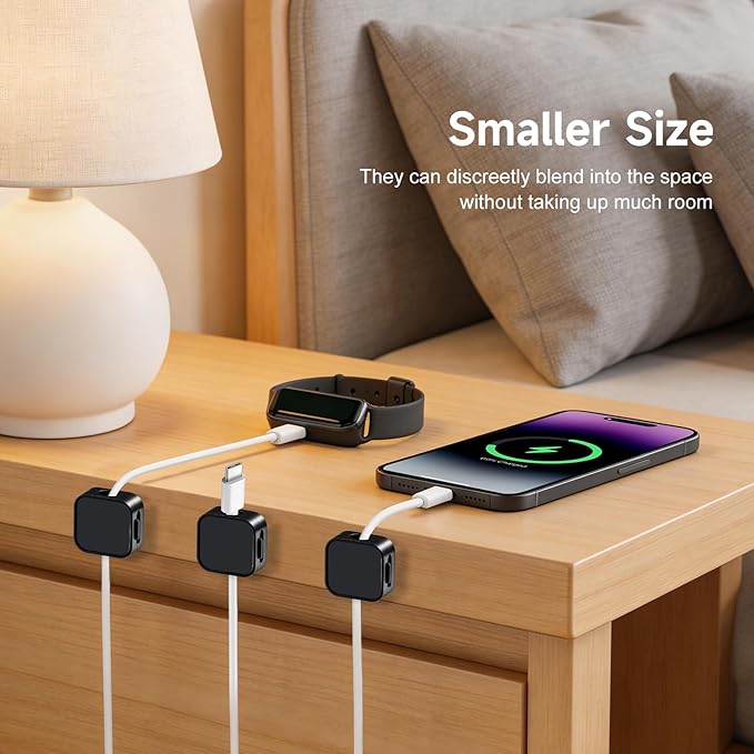 10 Pack Magnetic Cable Clips, Cord Organizer with Strong Adhesive Cord Holder for Nightstand, Desk, Home Office, Car, Phone Charger, USB, HDMI Cable Holder, Black